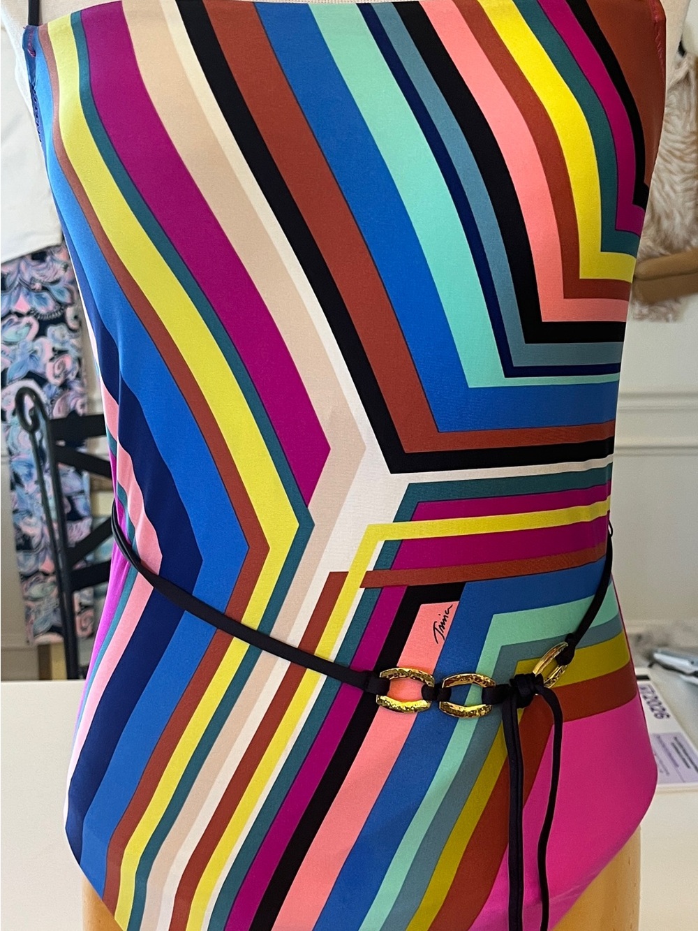 Trina Turk Colorful Geometric Stripe One-Piece Swimsuit Adjustable strap size 14